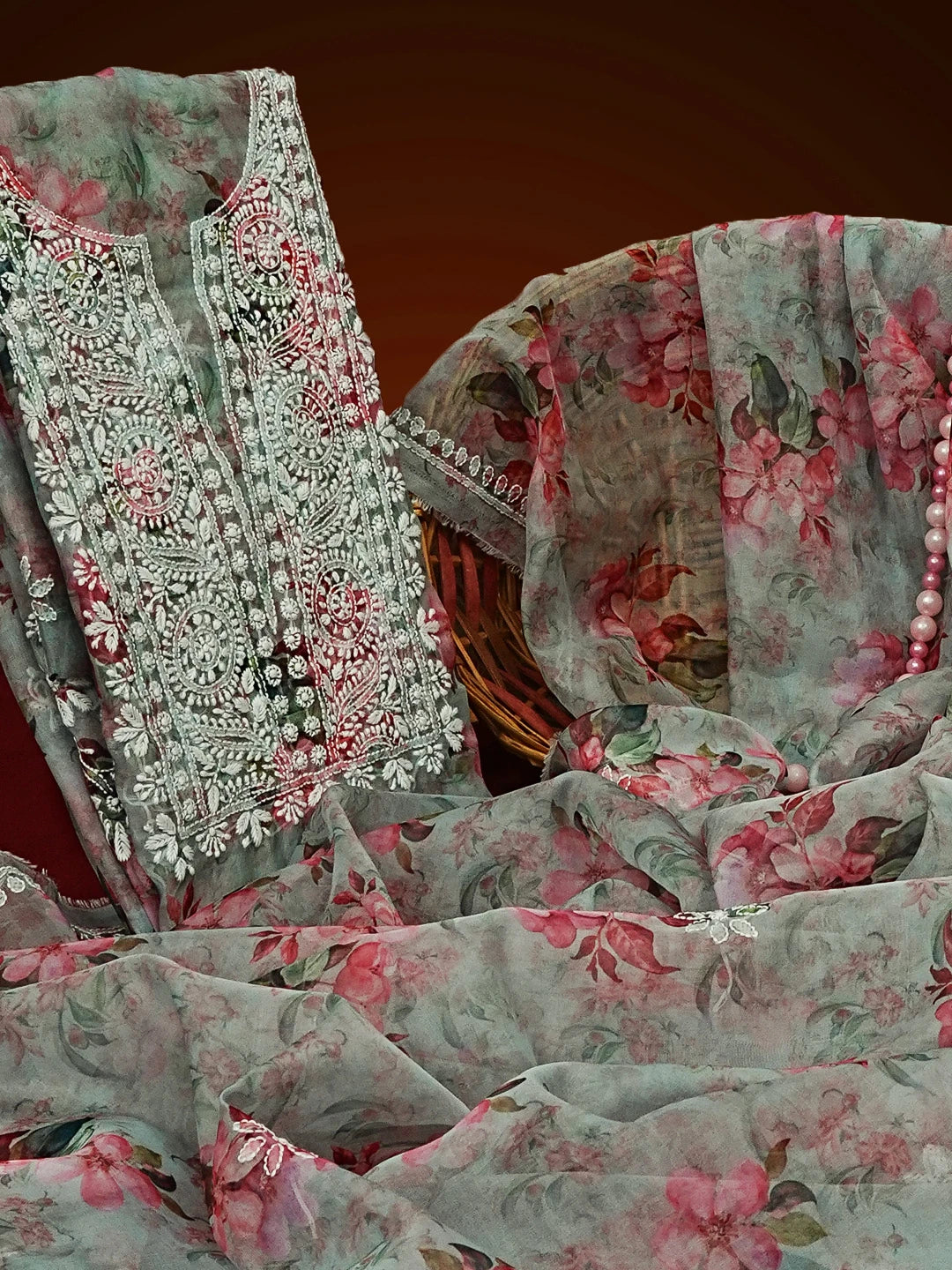 Ada Hand Embroidered Green & Pink Floral Printed Chikankari Unstitched Kurta Dupatta Set 01A551006