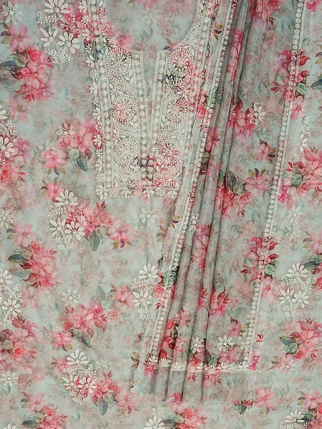 Ada Hand Embroidered Green & Pink Floral Printed Chikankari Unstitched Kurta Dupatta Set 01A551006