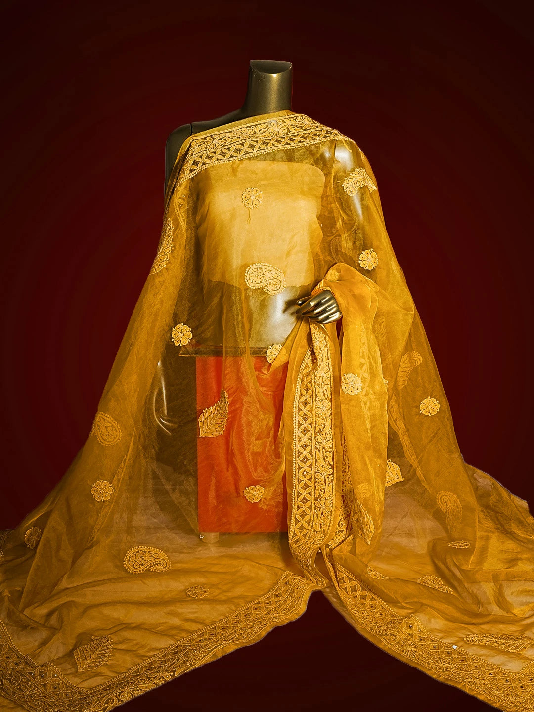 Ada Hand Embroidered Honey Yellow Organza Lucknowi Chikankari Dupatta With Muqaish Work 01A475457