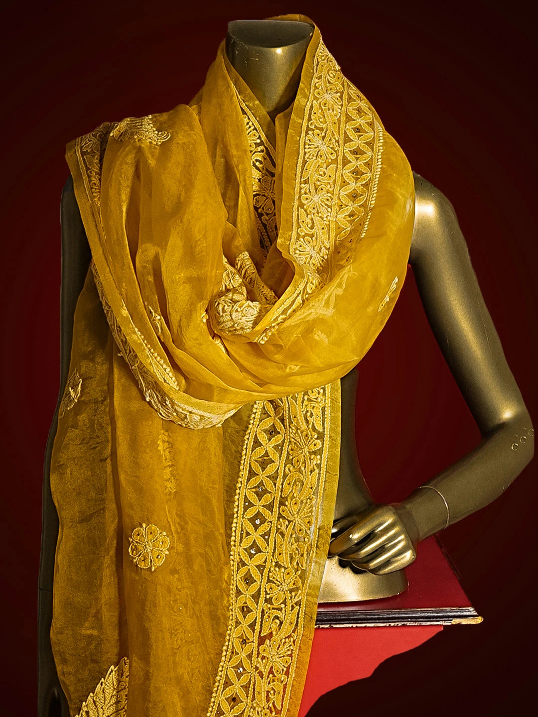 Ada Hand Embroidered Honey Yellow Organza Lucknowi Chikankari Dupatta With Muqaish Work 01A475457