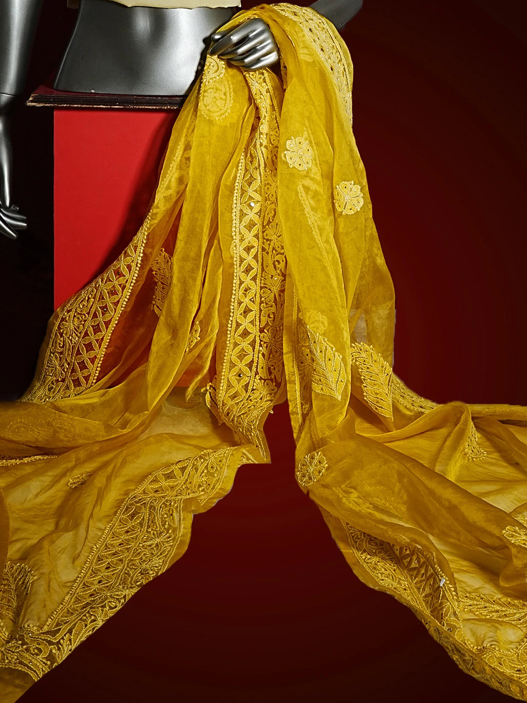 Ada Hand Embroidered Honey Yellow Organza Lucknowi Chikankari Dupatta With Muqaish Work 01A475457