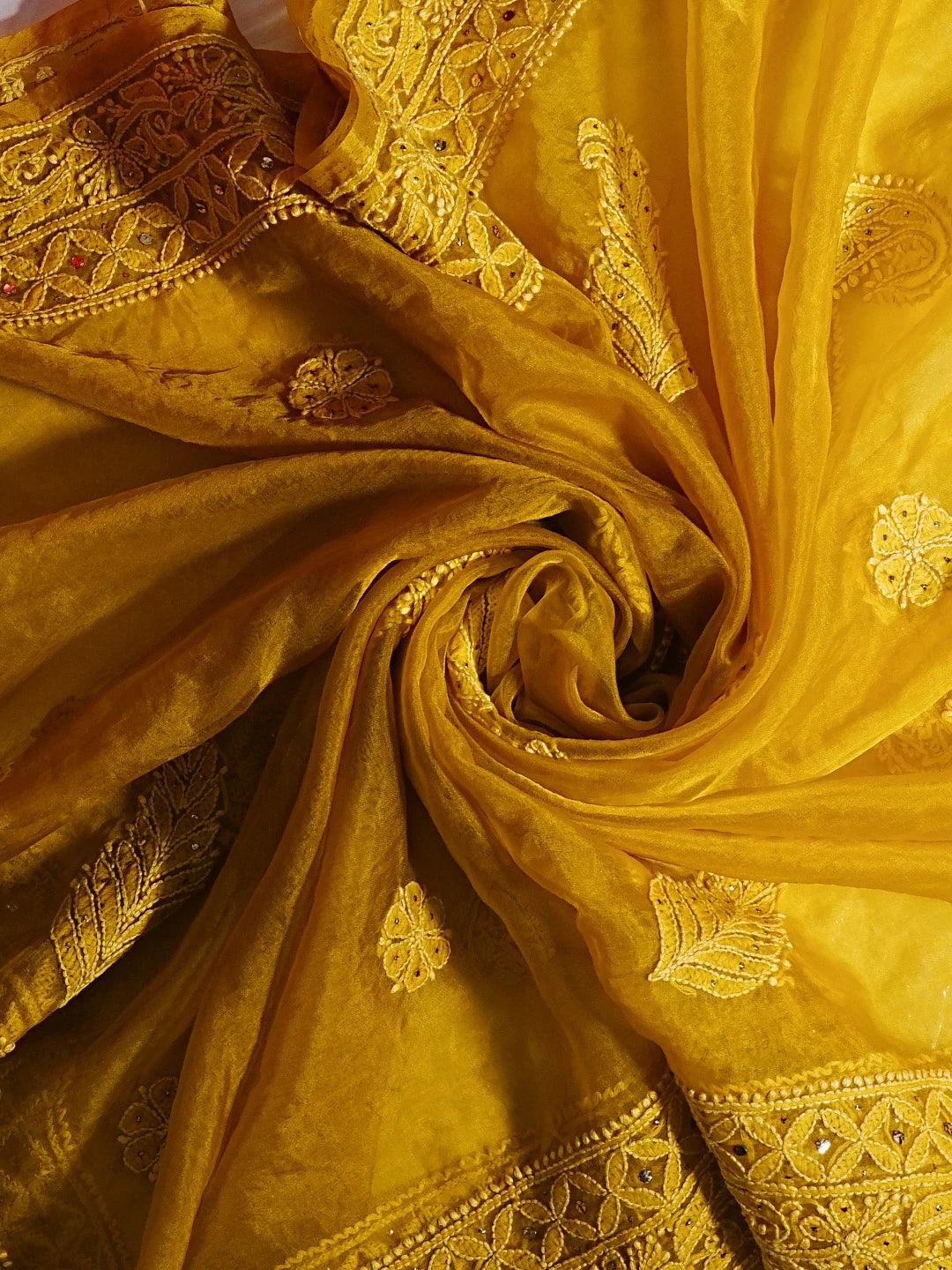 Ada Hand Embroidered Honey Yellow Organza Lucknowi Chikankari Dupatta With Muqaish Work 01A475457