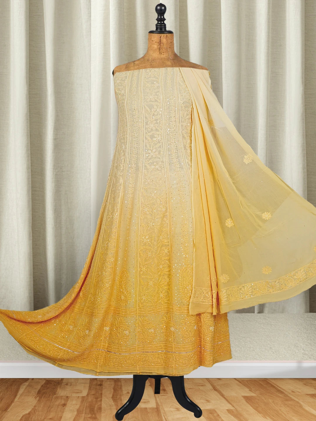 Ada Hand Embroidered Ombre Shade of Daisy Yellow Viscose Georgette Lucknowi Chikankari Semi-Stitched Anarkali Kurta Dupatta Set With Pearl Work 01A477874
