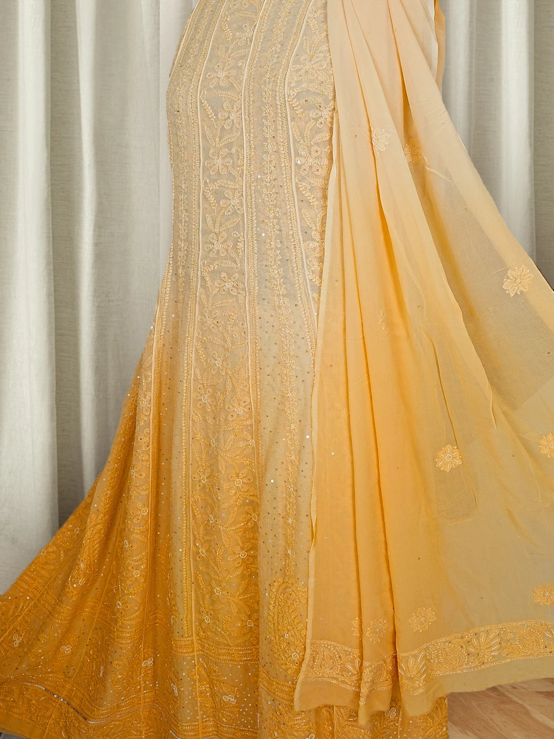 Ada Hand Embroidered Ombre Shade of Daisy Yellow Viscose Georgette Lucknowi Chikankari Semi-Stitched Anarkali Kurta Dupatta Set With Pearl Work 01A477874