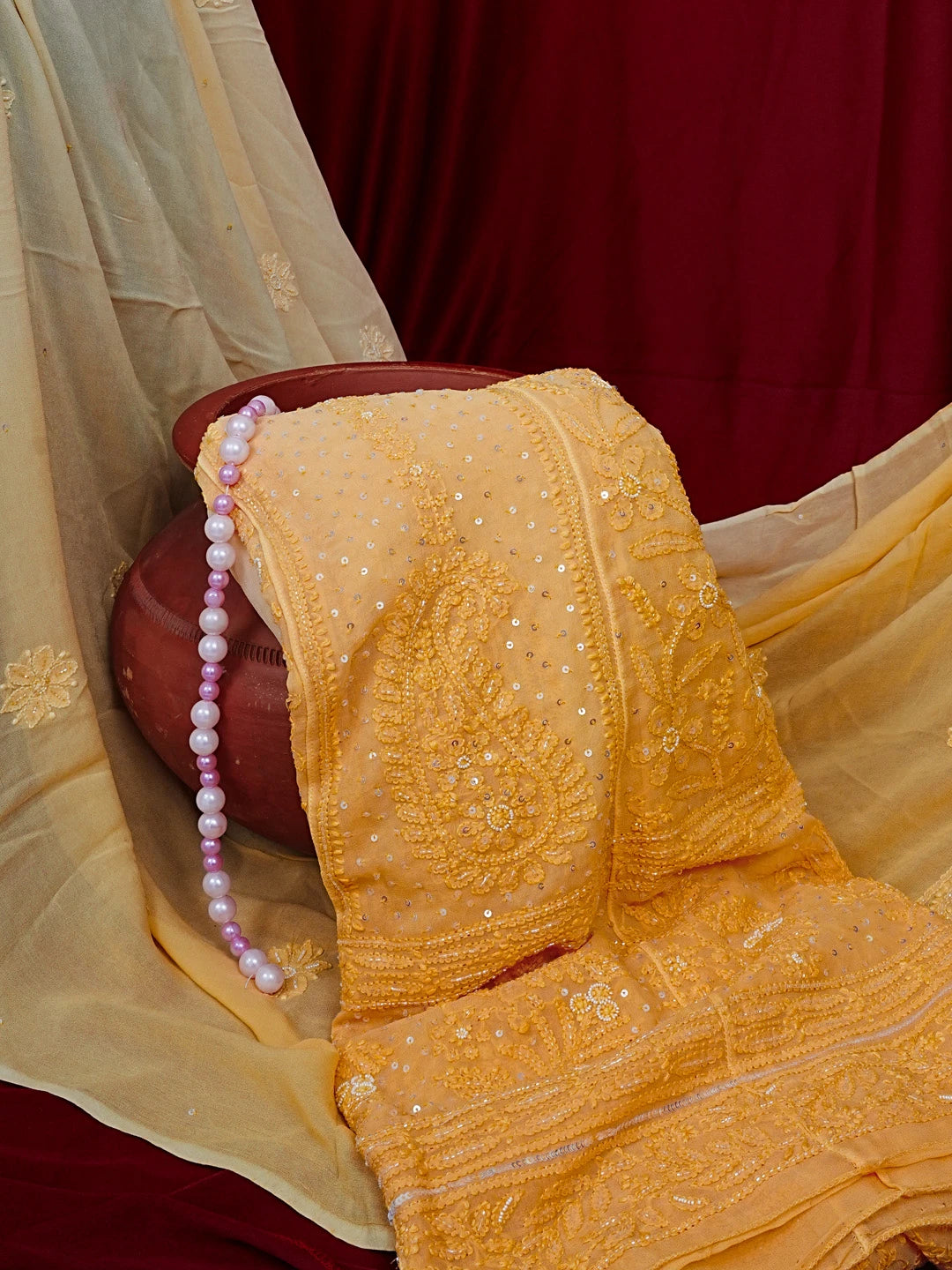 Ada Hand Embroidered Ombre Shade of Daisy Yellow Viscose Georgette Lucknowi Chikankari Semi-Stitched Anarkali Kurta Dupatta Set With Pearl Work 01A477874