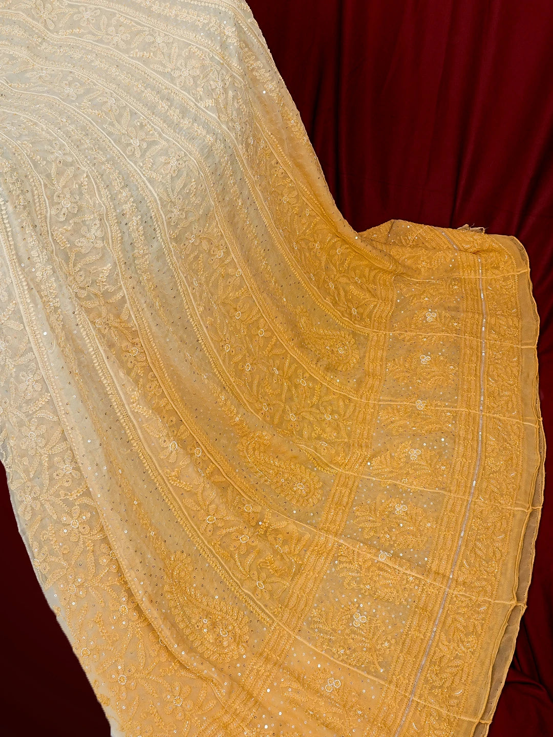 Ada Hand Embroidered Ombre Shade of Daisy Yellow Viscose Georgette Lucknowi Chikankari Semi-Stitched Anarkali Kurta Dupatta Set With Pearl Work 01A477874