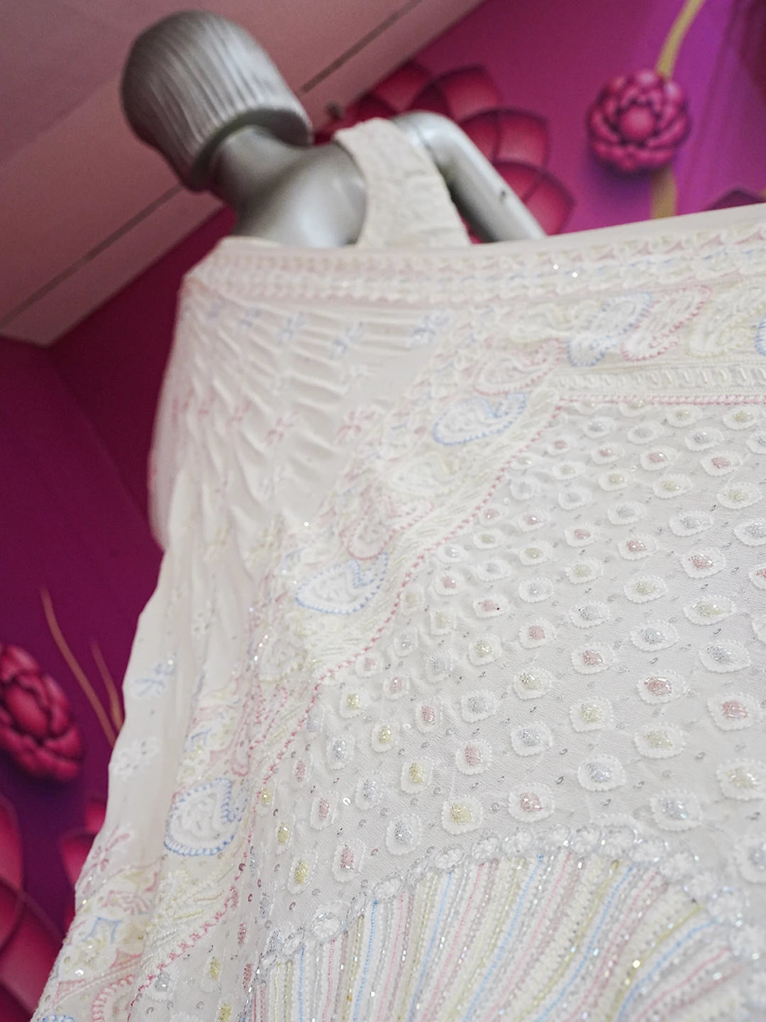 Ada Hand Embroidered White Pure Georgette Lucknowi Chikankari Saree and Blouse With Sequinned Work 01A516761