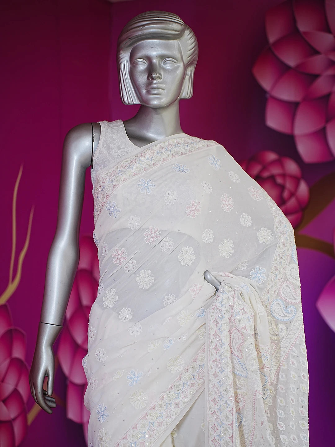 Ada Hand Embroidered White Pure Georgette Lucknowi Chikankari Saree and Blouse With Sequinned Work 01A516761