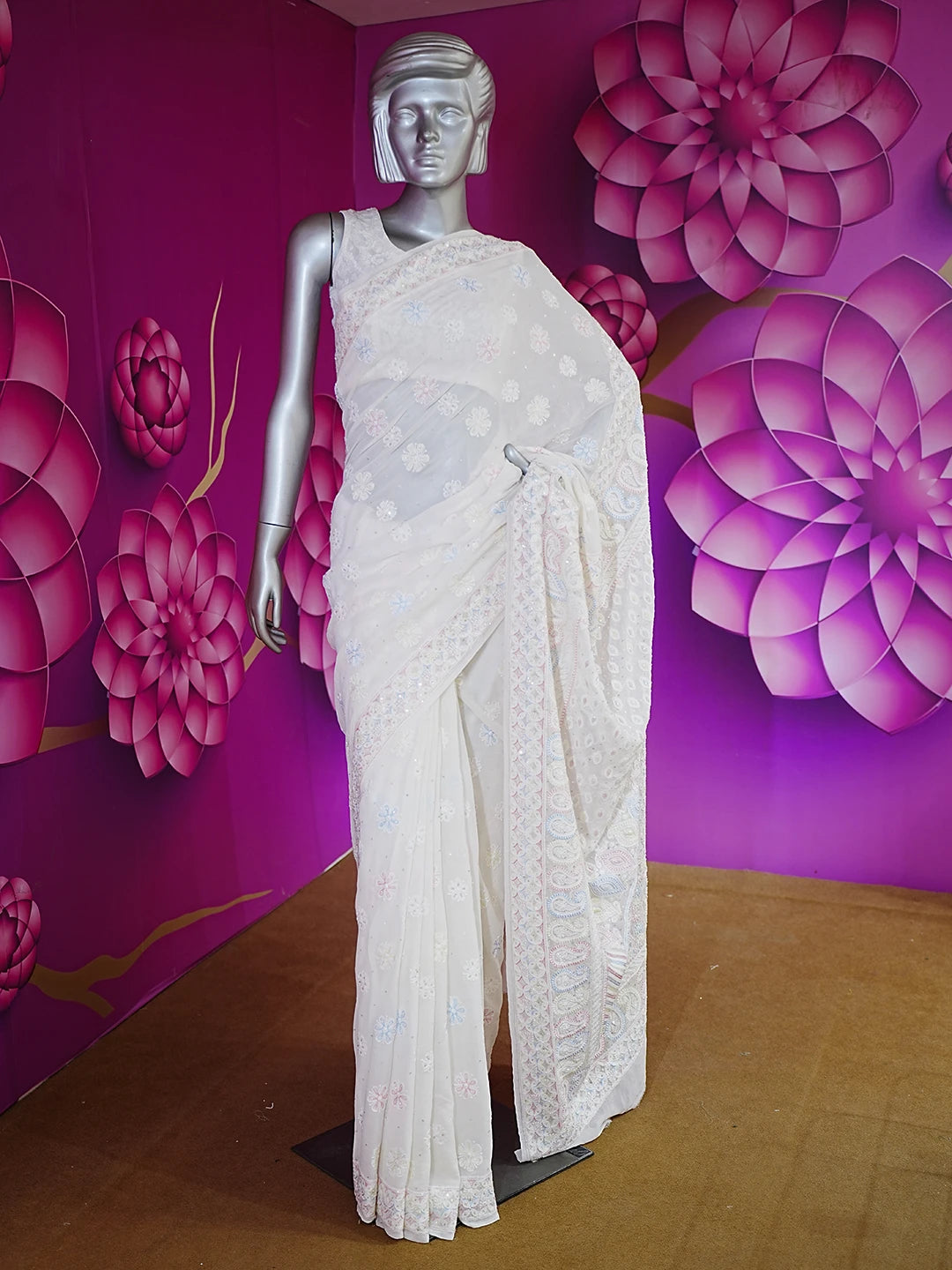 Ada Hand Embroidered White Pure Georgette Lucknowi Chikankari Saree and Blouse With Sequinned Work 01A516761