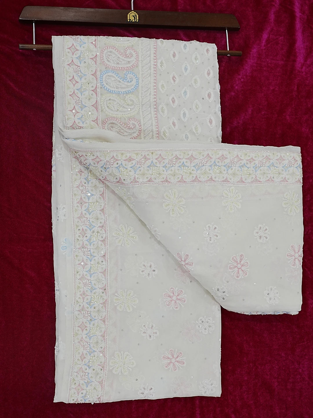 Ada Hand Embroidered White Pure Georgette Lucknowi Chikankari Saree and Blouse With Sequinned Work 01A516761