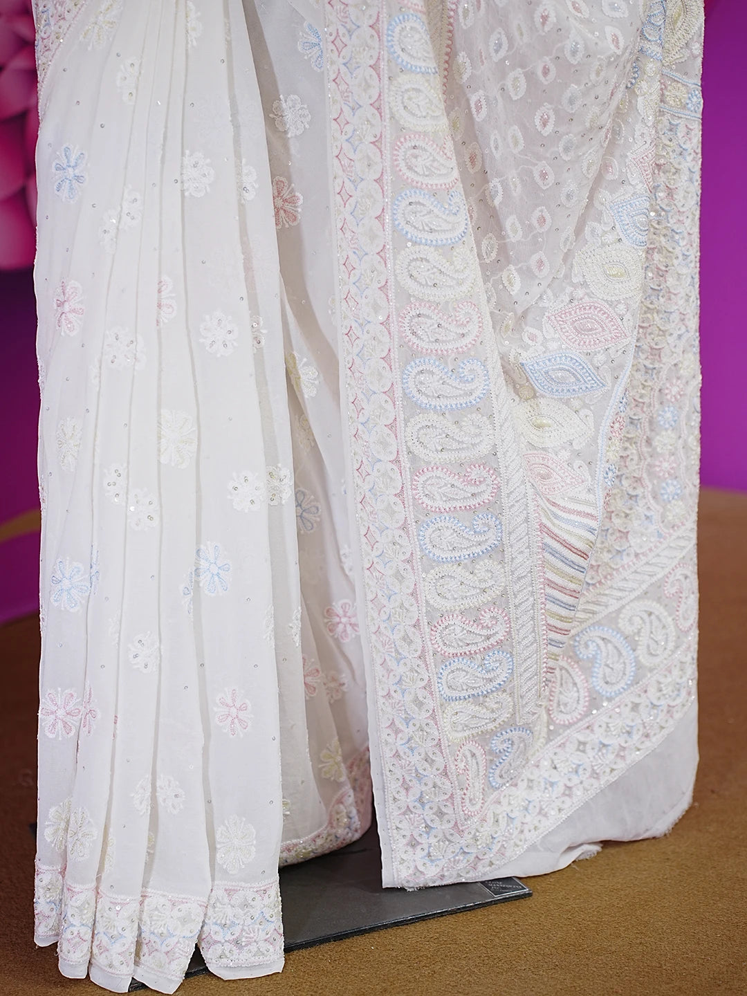 Ada Hand Embroidered White Pure Georgette Lucknowi Chikankari Saree and Blouse With Sequinned Work 01A516761