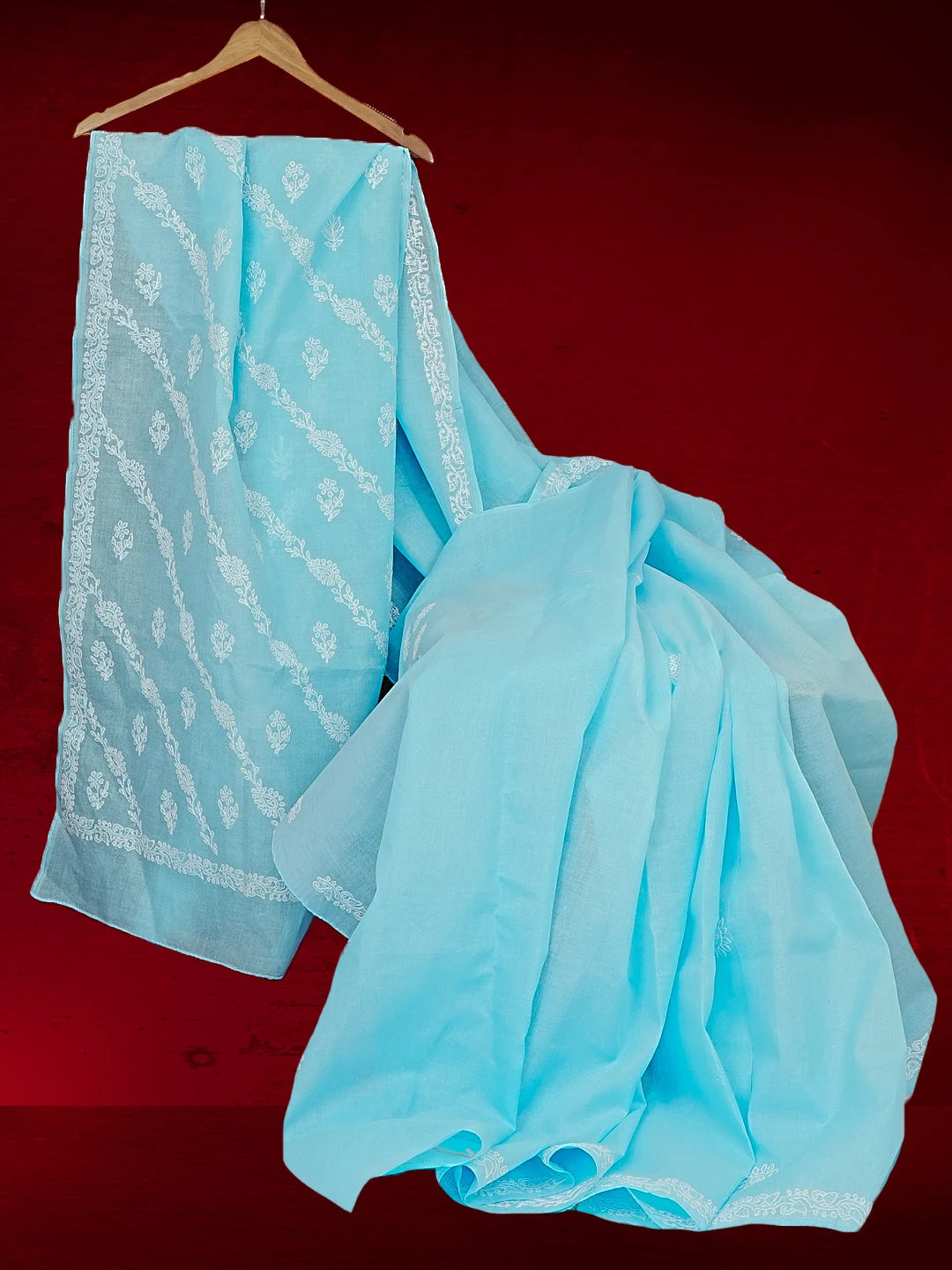 Ada Hand Embroidered Sky Blue Cotton Lucknowi Chikankari Saree with Blouse 01A542894
