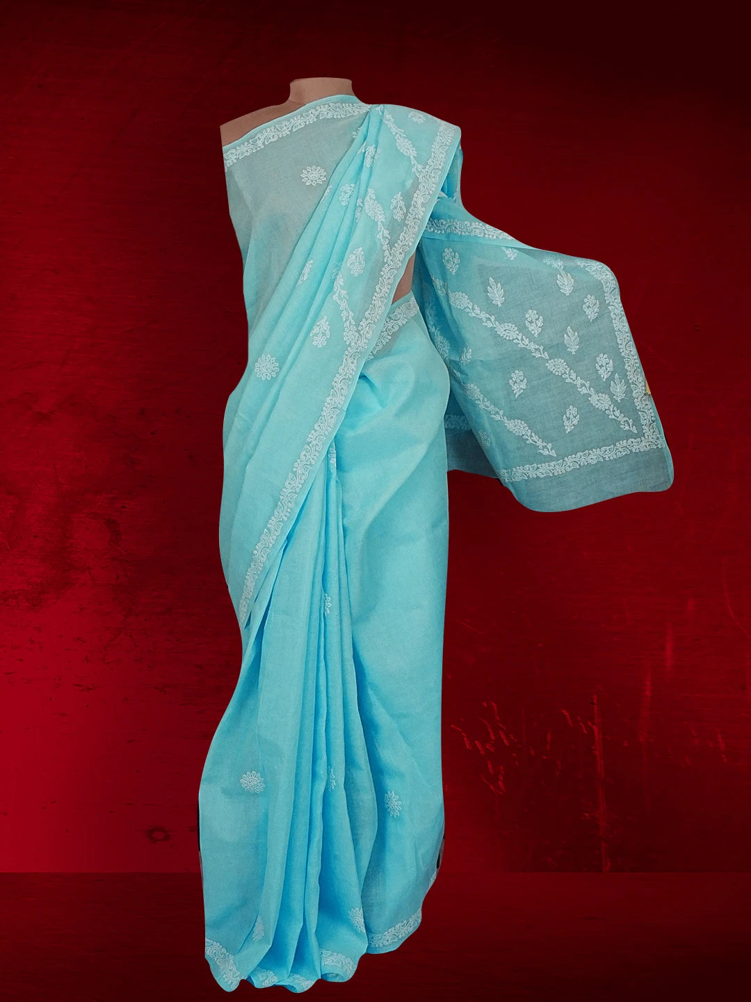 Ada Hand Embroidered Sky Blue Cotton Lucknowi Chikankari Saree with Blouse 01A542894