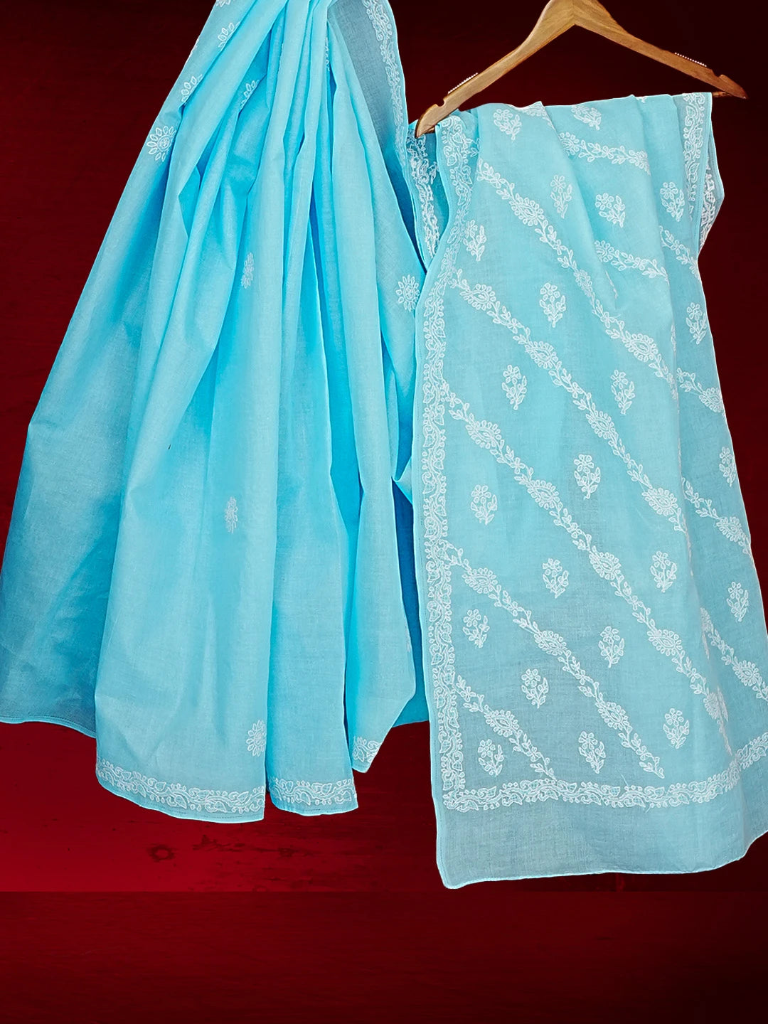 Ada Hand Embroidered Sky Blue Cotton Lucknowi Chikankari Saree with Blouse 01A542894