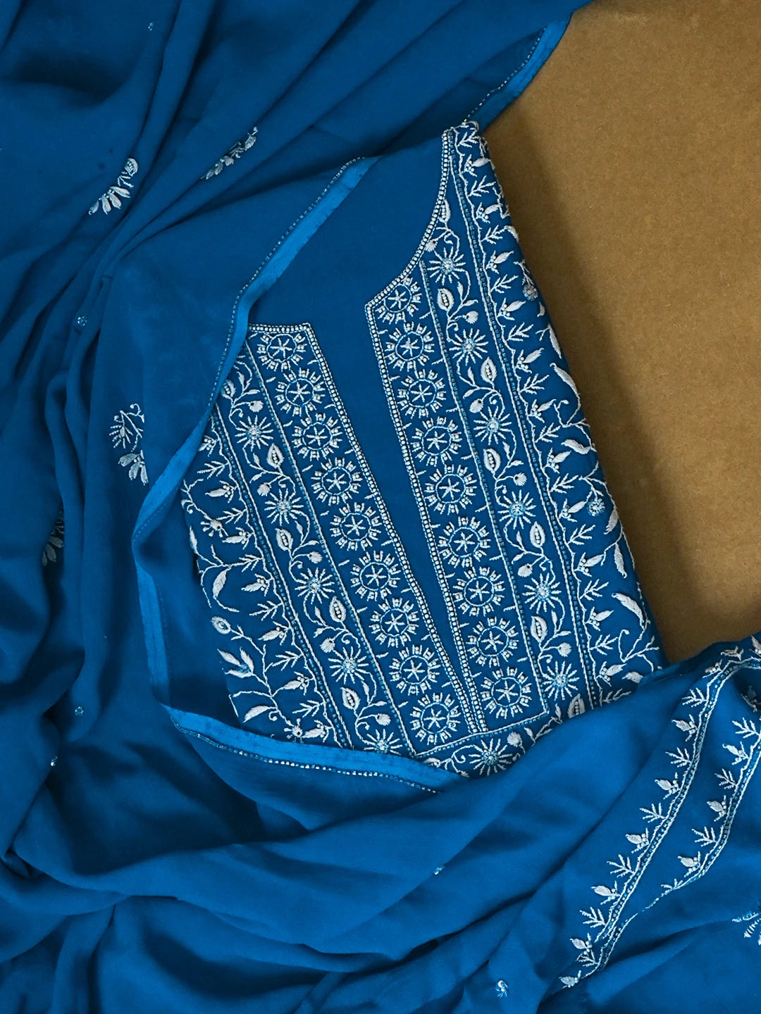 Ada Hand Embroidered Blue Georgette Lucknowi Chikankari Unstitched Kurta Dupatta Set with Cutdana Work 01A545352