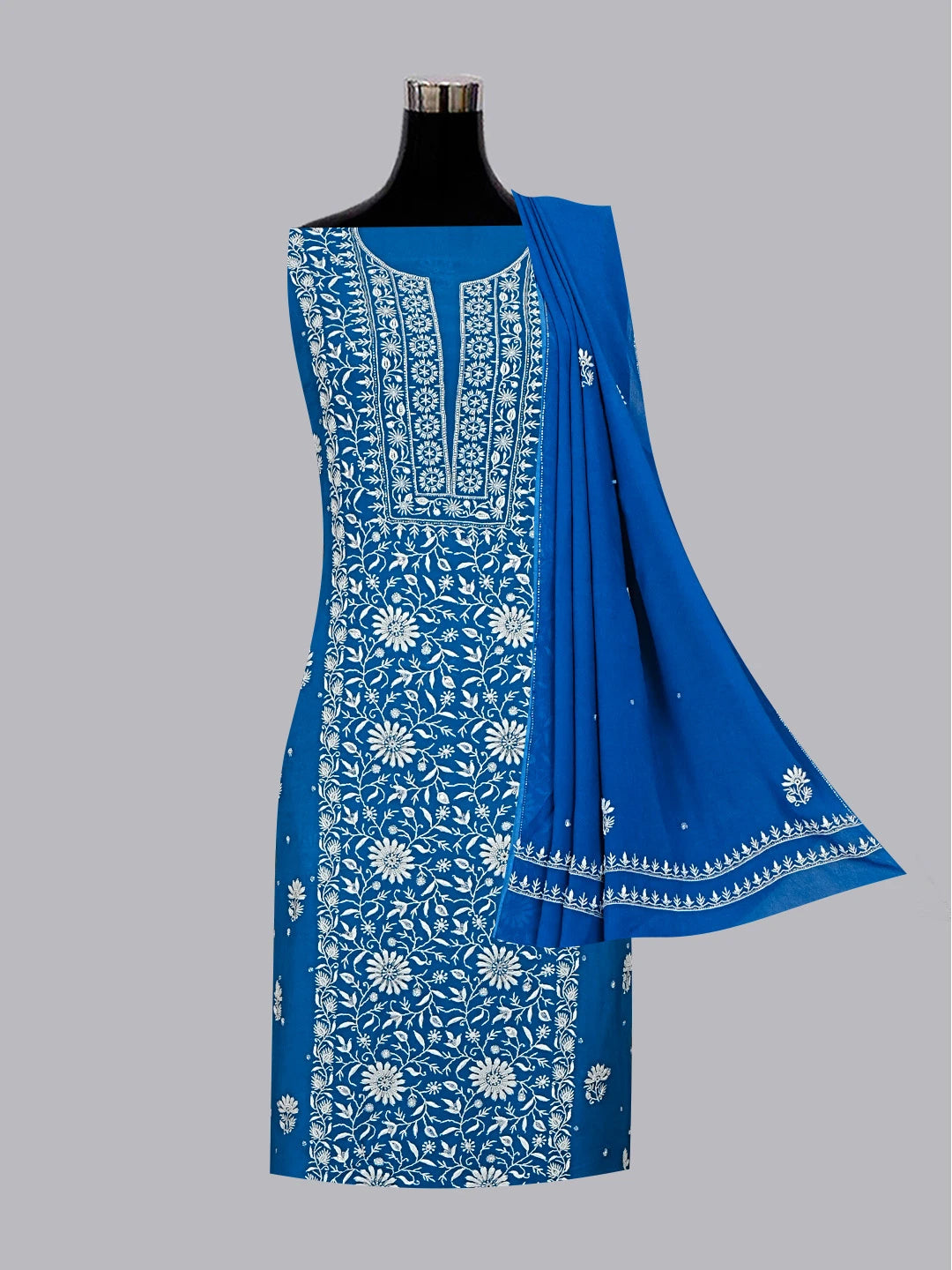 Ada Hand Embroidered Blue Georgette Lucknowi Chikankari Unstitched Kurta Dupatta Set with Cutdana Work 01A545352