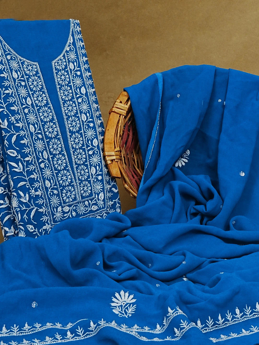 Ada Hand Embroidered Blue Georgette Lucknowi Chikankari Unstitched Kurta Dupatta Set with Cutdana Work 01A545352