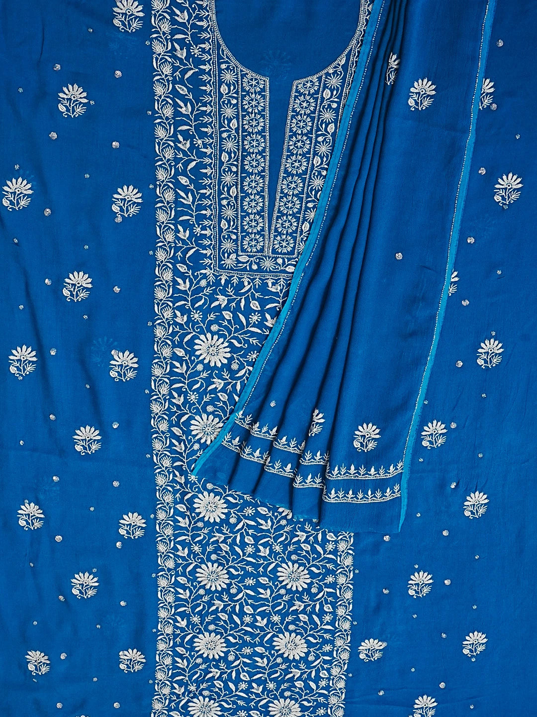 Ada Hand Embroidered Blue Georgette Lucknowi Chikankari Unstitched Kurta Dupatta Set with Cutdana Work 01A545352