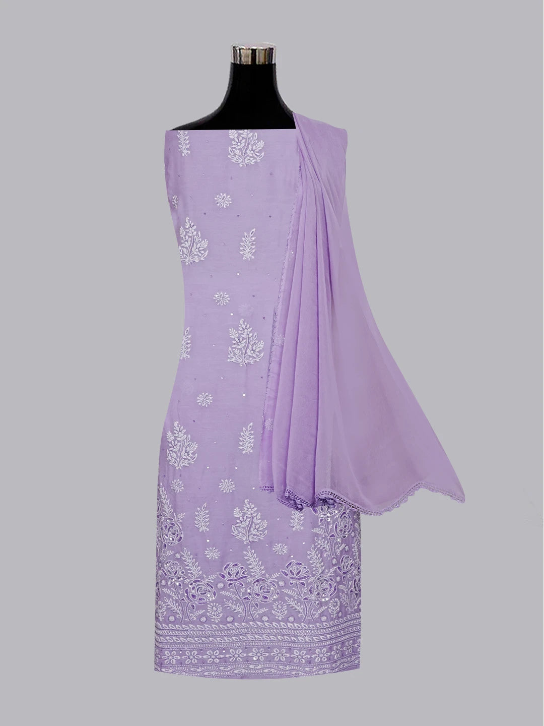 Ada Hand Embroidered Mauve Chanderi Lucknowi Chikankari Unstitched Kurta Dupatta Set With Sequinned Work 01A255886