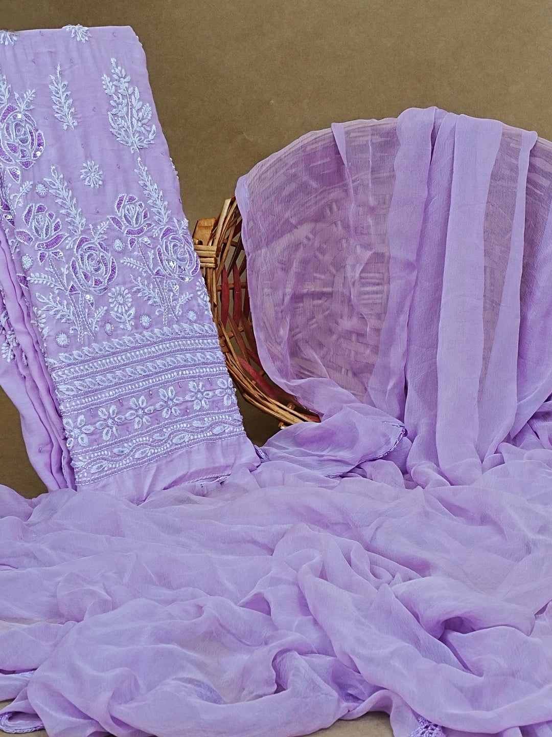 Ada Hand Embroidered Mauve Chanderi Lucknowi Chikankari Unstitched Kurta Dupatta Set With Sequinned Work 01A255886