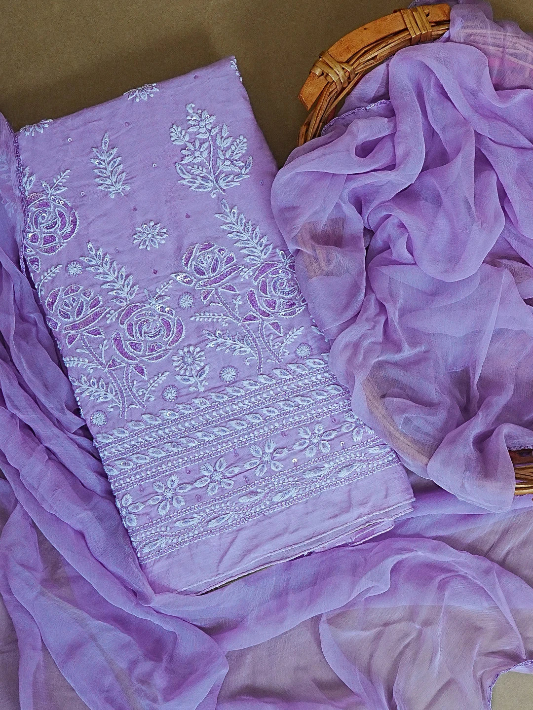 Ada Hand Embroidered Mauve Chanderi Lucknowi Chikankari Unstitched Kurta Dupatta Set With Sequinned Work 01A255886