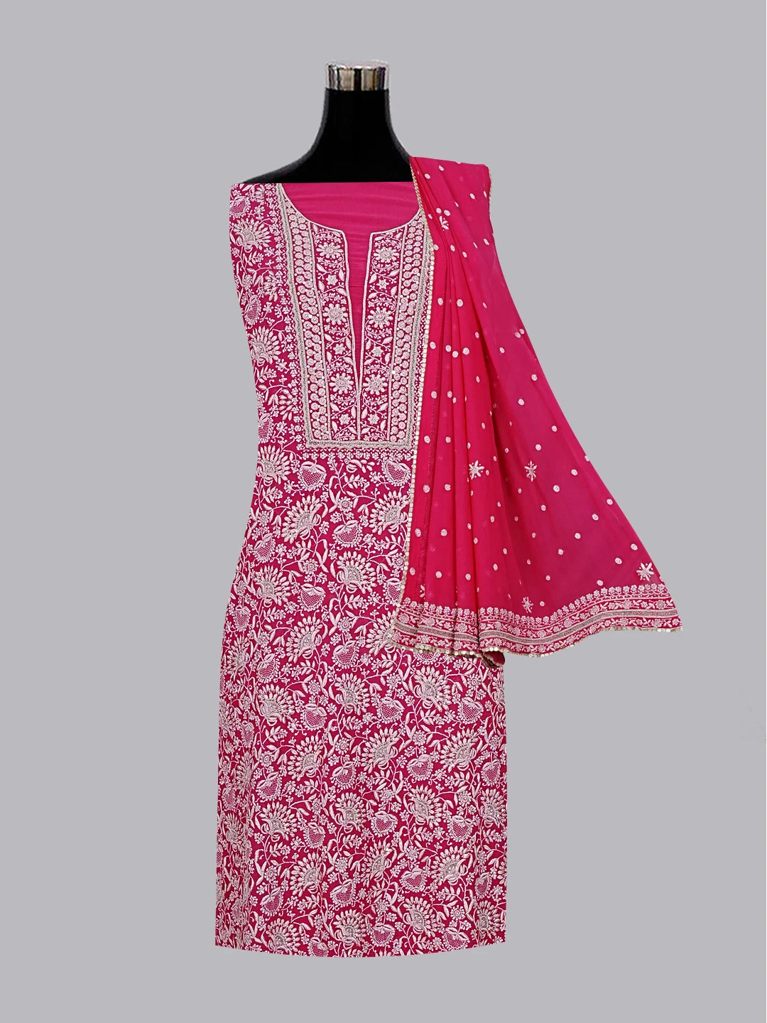 Ada Hand Embroidered Berry Magenta Pure Georgette Lucknowi Chikankari Unstitched Kurta Dupatta Set With Sequinned Work 01A58392