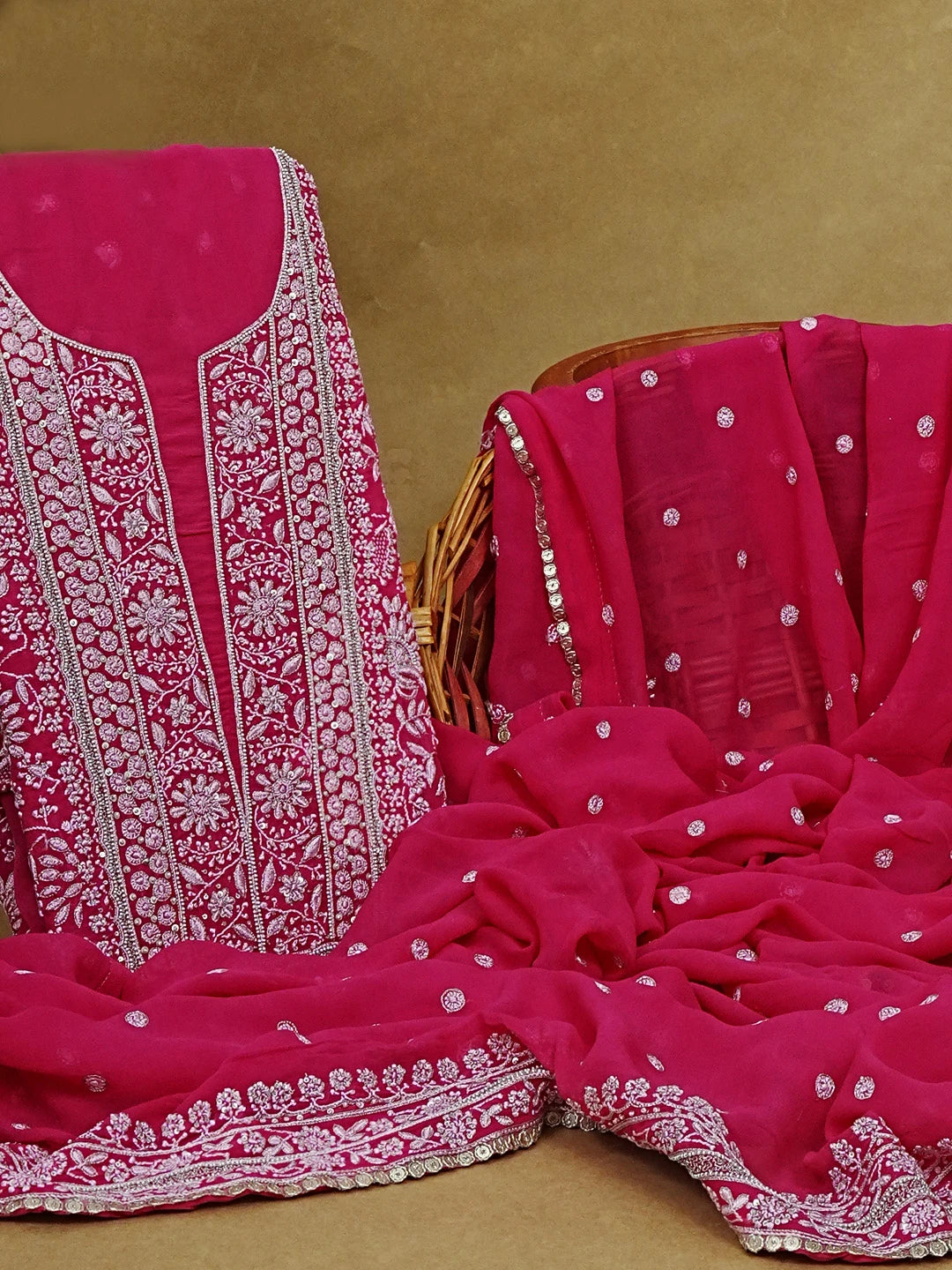Ada Hand Embroidered Berry Magenta Pure Georgette Lucknowi Chikankari Unstitched Kurta Dupatta Set With Sequinned Work 01A58392