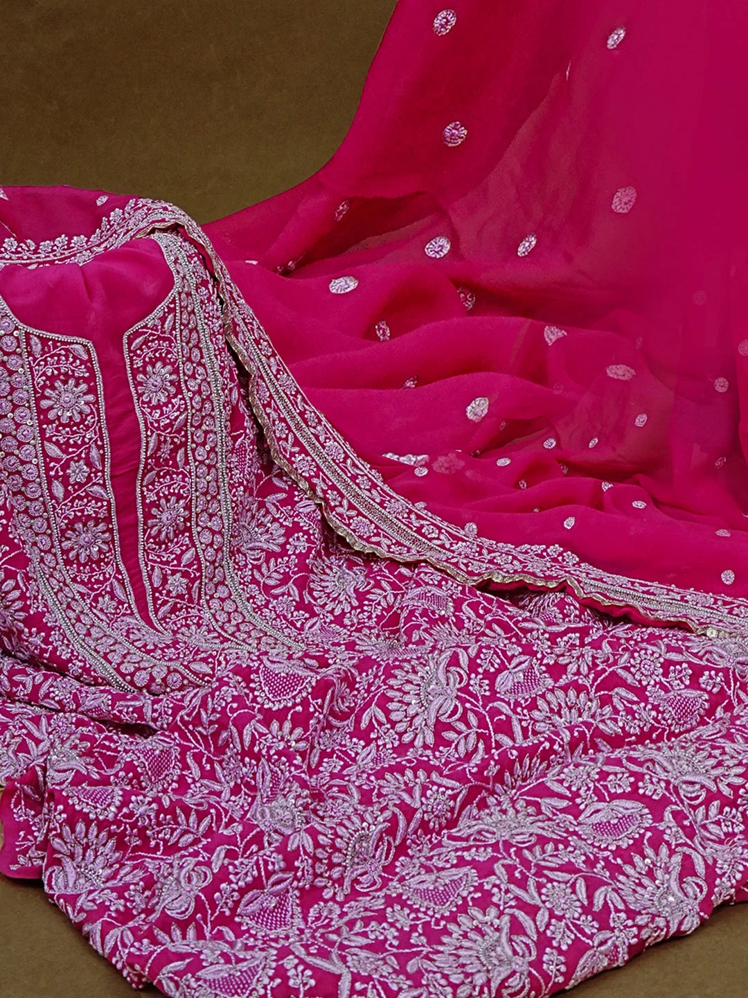 Ada Hand Embroidered Berry Magenta Pure Georgette Lucknowi Chikankari Unstitched Kurta Dupatta Set With Sequinned Work 01A58392