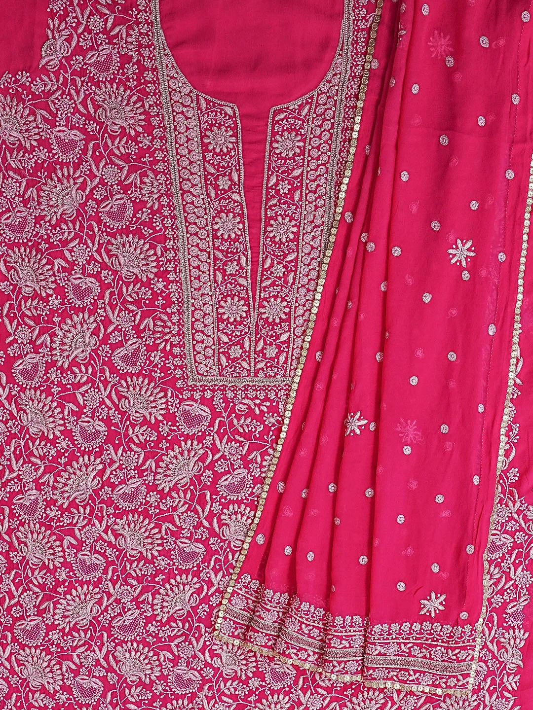 Ada Hand Embroidered Berry Magenta Pure Georgette Lucknowi Chikankari Unstitched Kurta Dupatta Set With Sequinned Work 01A58392