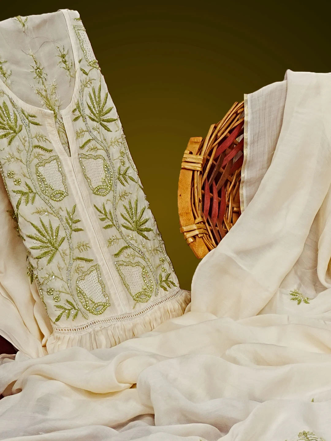 Ada Hand Embroidered Beige Muslin Lucknowi Chikankari Semi-stitched Kurta Dupatta Set With Sequinned Work 01A489135