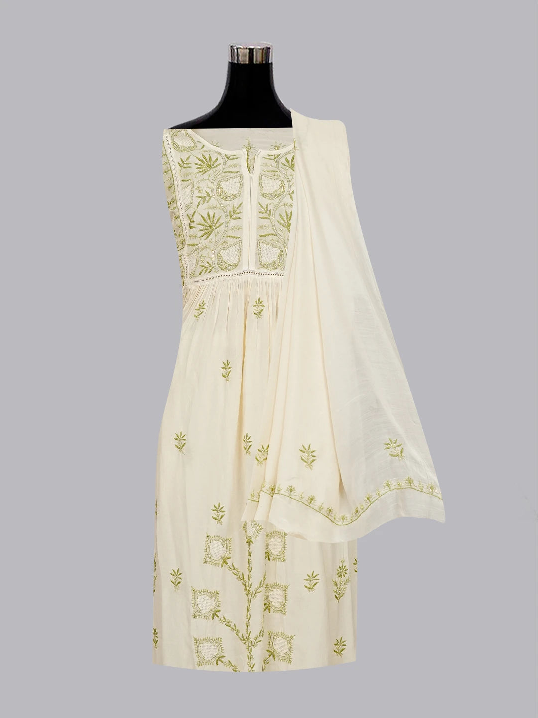 Ada Hand Embroidered Beige Muslin Lucknowi Chikankari Semi-stitched Kurta Dupatta Set With Sequinned Work 01A489135