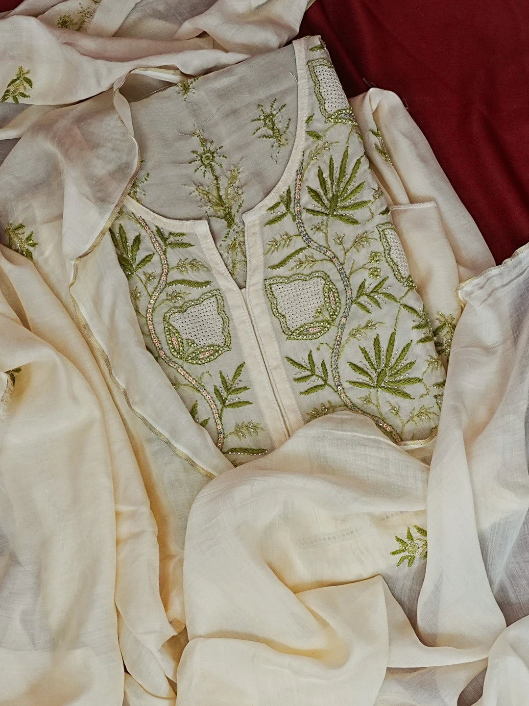 Ada Hand Embroidered Beige Muslin Lucknowi Chikankari Semi-stitched Kurta Dupatta Set With Sequinned Work 01A489135