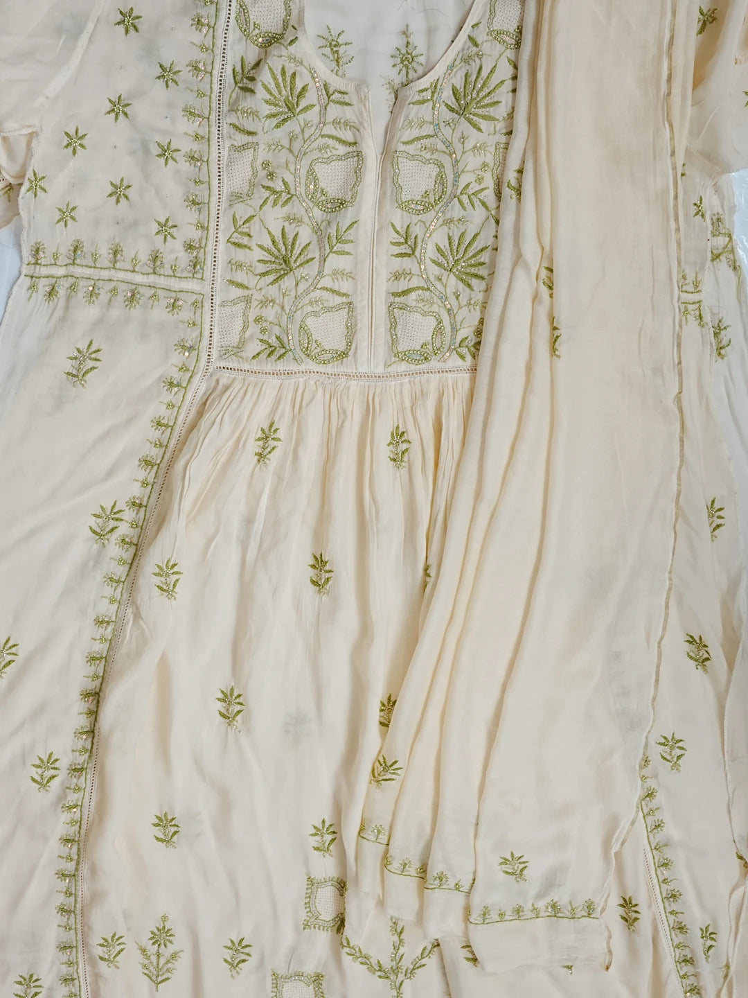Ada Hand Embroidered Beige Muslin Lucknowi Chikankari Semi-stitched Kurta Dupatta Set With Sequinned Work 01A489135
