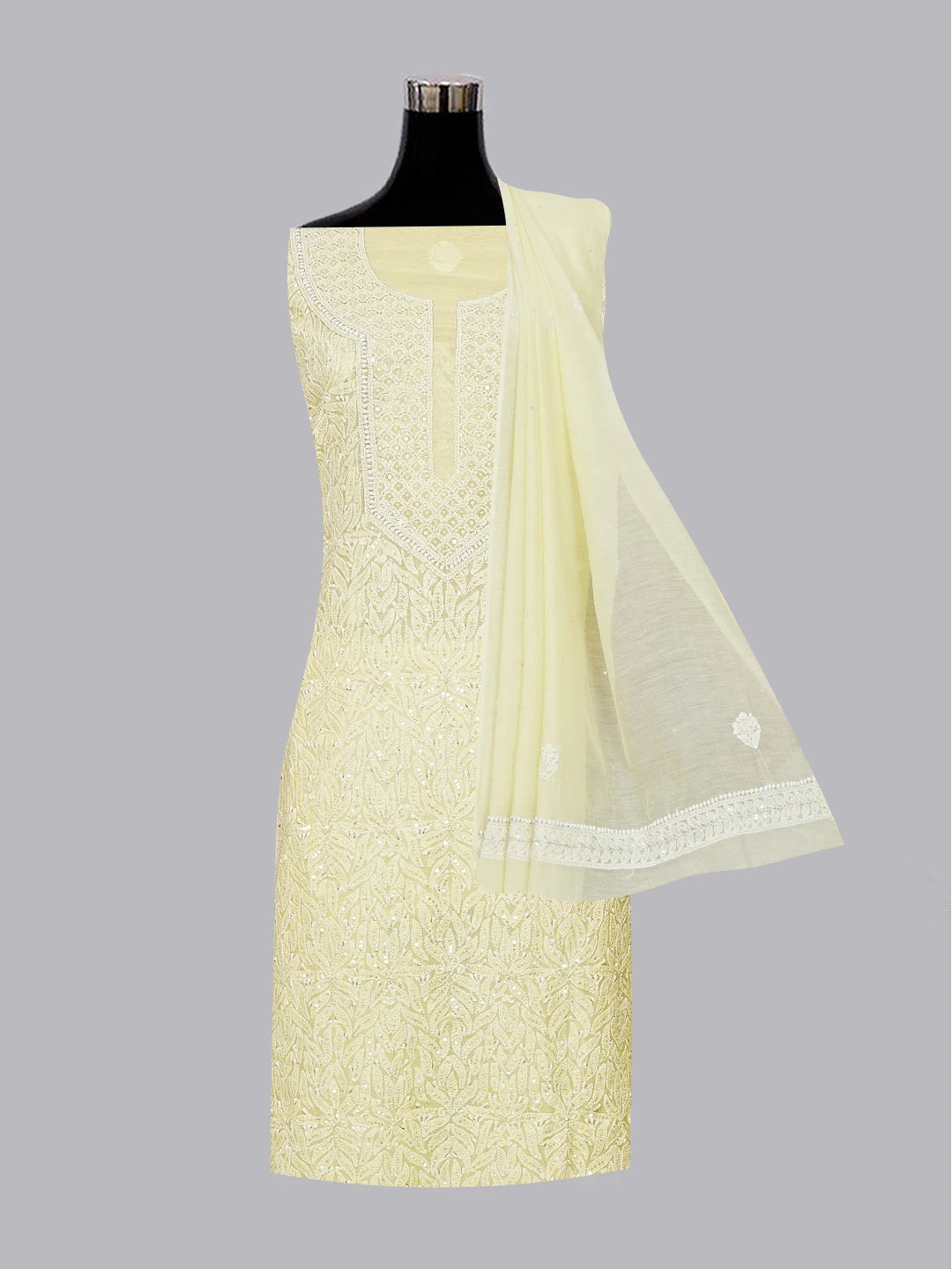 Ada Hand Embroidered Lemon Yellow Chanderi Lucknowi Chikankari Unstitched Kurta Dupatta Set with Zari work 01A525367