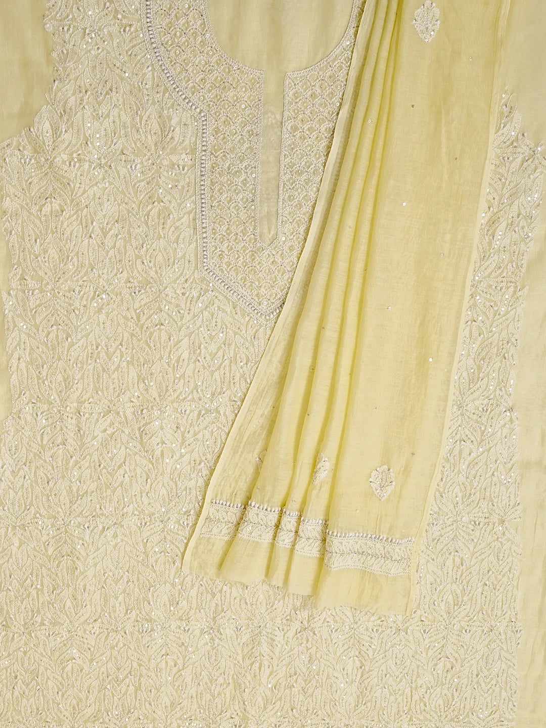 Ada Hand Embroidered Lemon Yellow Chanderi Lucknowi Chikankari Unstitched Kurta Dupatta Set with Zari work 01A525367