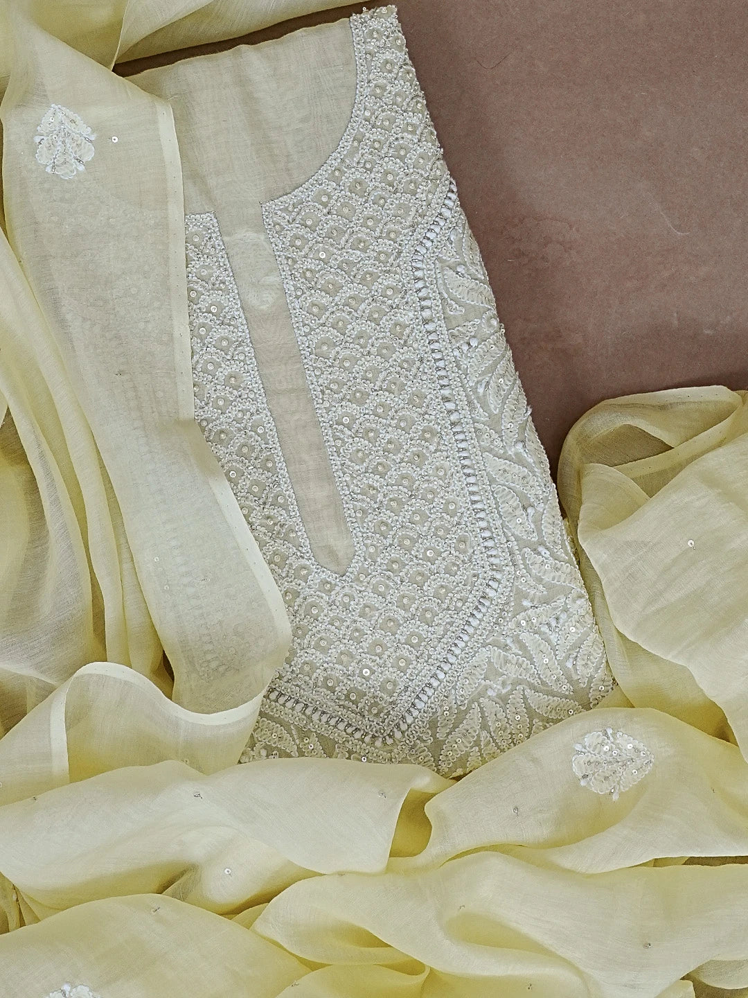 Ada Hand Embroidered Lemon Yellow Chanderi Lucknowi Chikankari Unstitched Kurta Dupatta Set with Zari work 01A525367