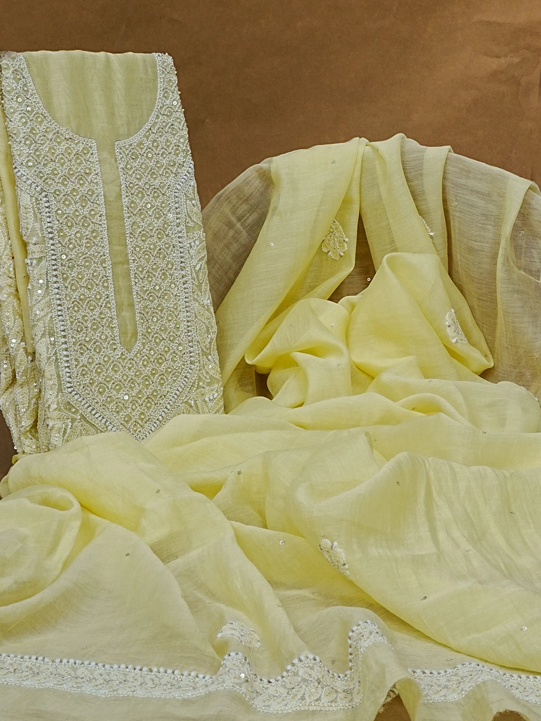Ada Hand Embroidered Lemon Yellow Chanderi Lucknowi Chikankari Unstitched Kurta Dupatta Set with Zari work 01A525367