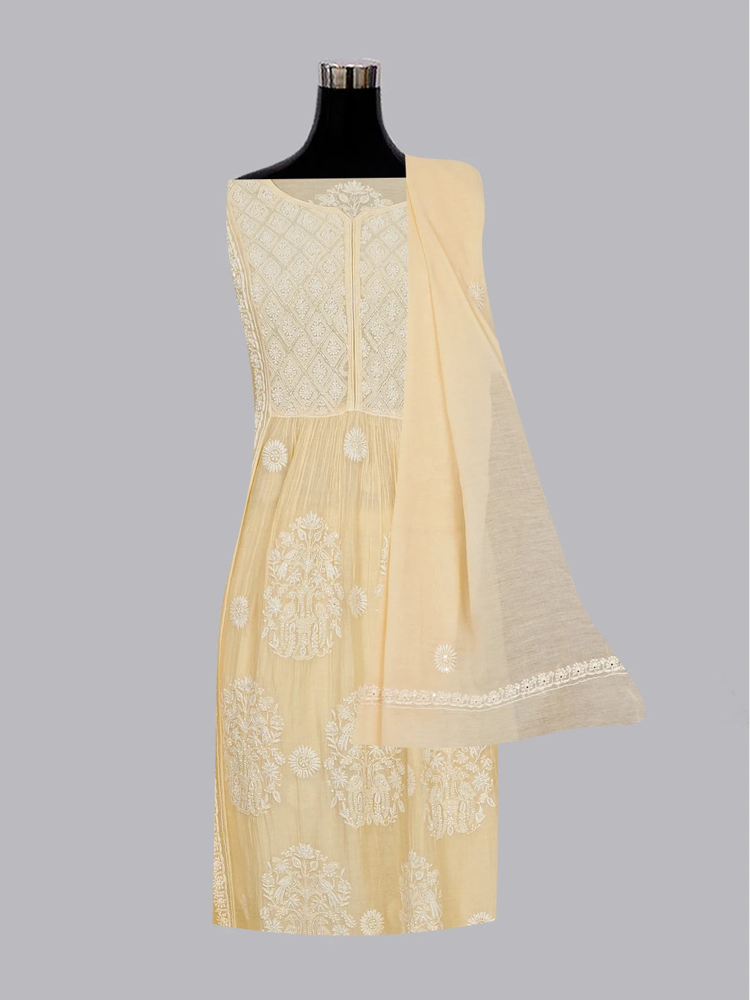 Ada Hand Embroidered Beige Chanderi Lucknowi Chikankari Unstitched Kurta Dupatta Set 01A556050