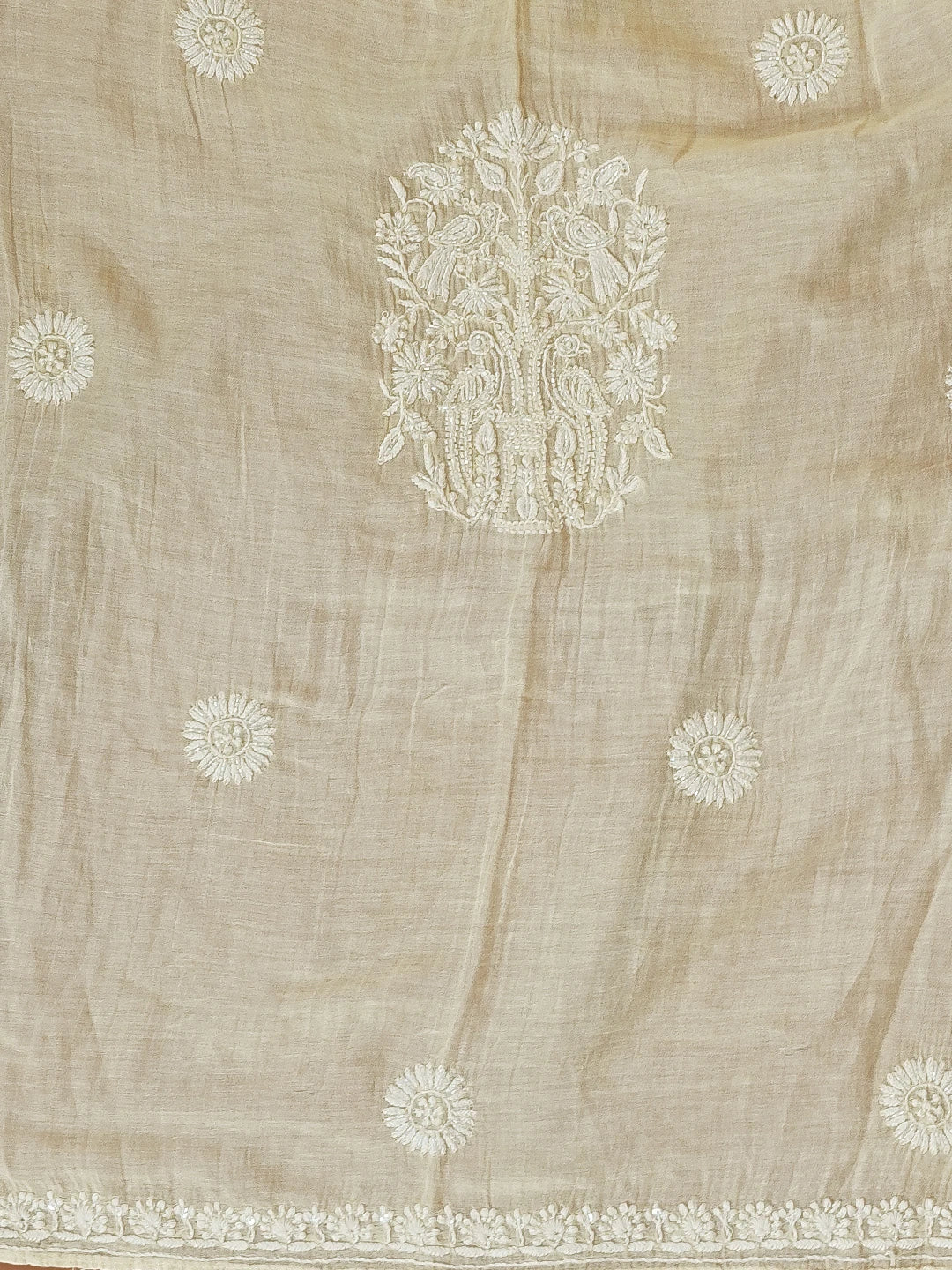 Ada Hand Embroidered Beige Chanderi Lucknowi Chikankari Unstitched Kurta Dupatta Set 01A556050