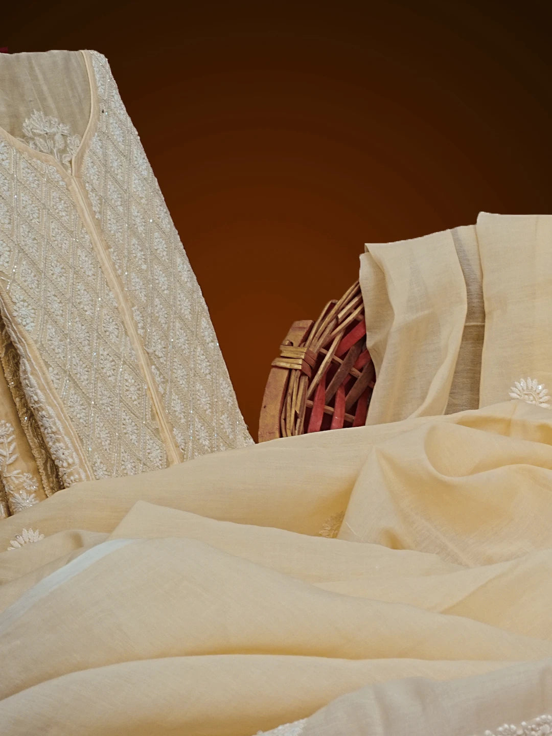 Ada Hand Embroidered Beige Chanderi Lucknowi Chikankari Unstitched Kurta Dupatta Set 01A556050