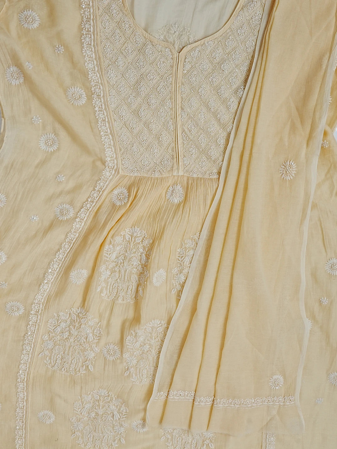 Ada Hand Embroidered Beige Chanderi Lucknowi Chikankari Unstitched Kurta Dupatta Set 01A556050