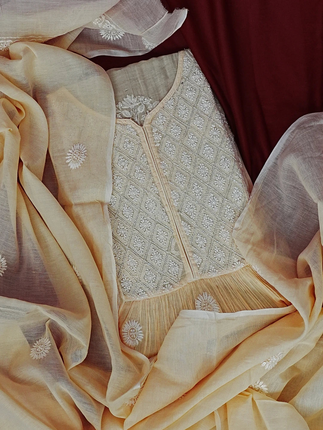Ada Hand Embroidered Beige Chanderi Lucknowi Chikankari Unstitched Kurta Dupatta Set 01A556050