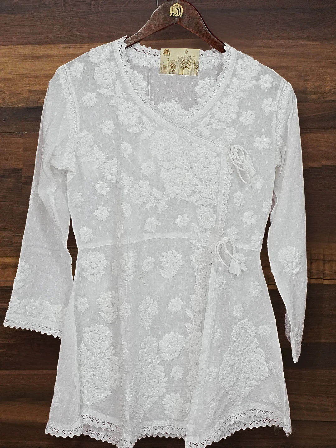 Ada Hand Embroidered White Cotton Angrakha Lucknowi Chikankari Kurti A911399