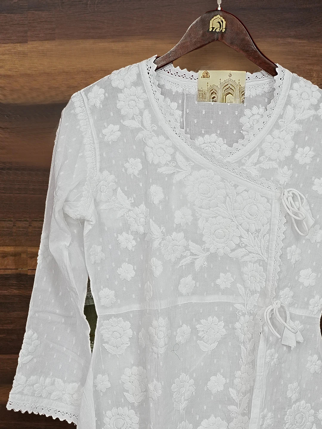 Ada Hand Embroidered White Cotton Angrakha Lucknowi Chikankari Kurti A911399