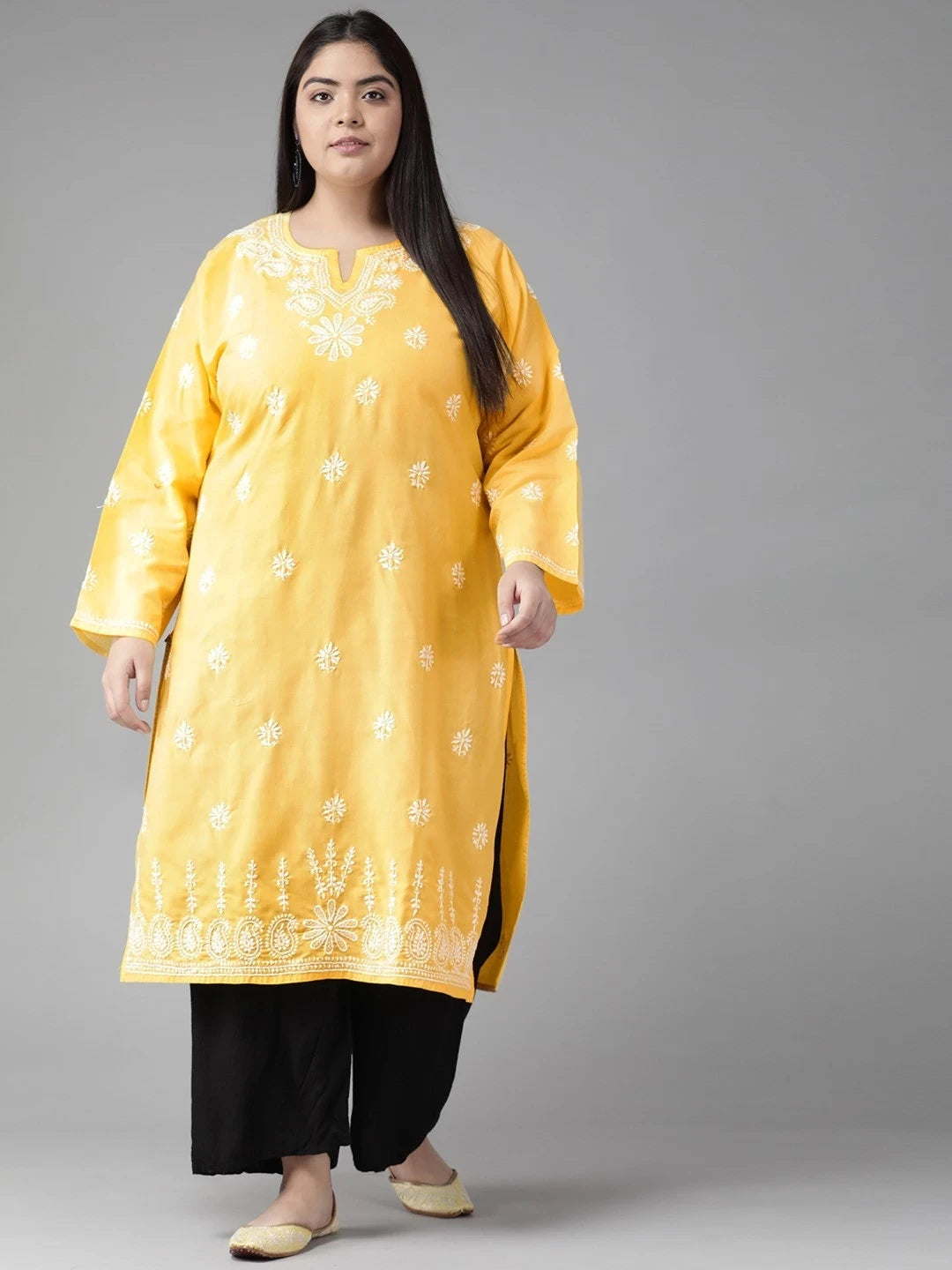 Ada Hand Embroidered Yellow Cotton Lucknowi Chikankari Straight Kurta A100359