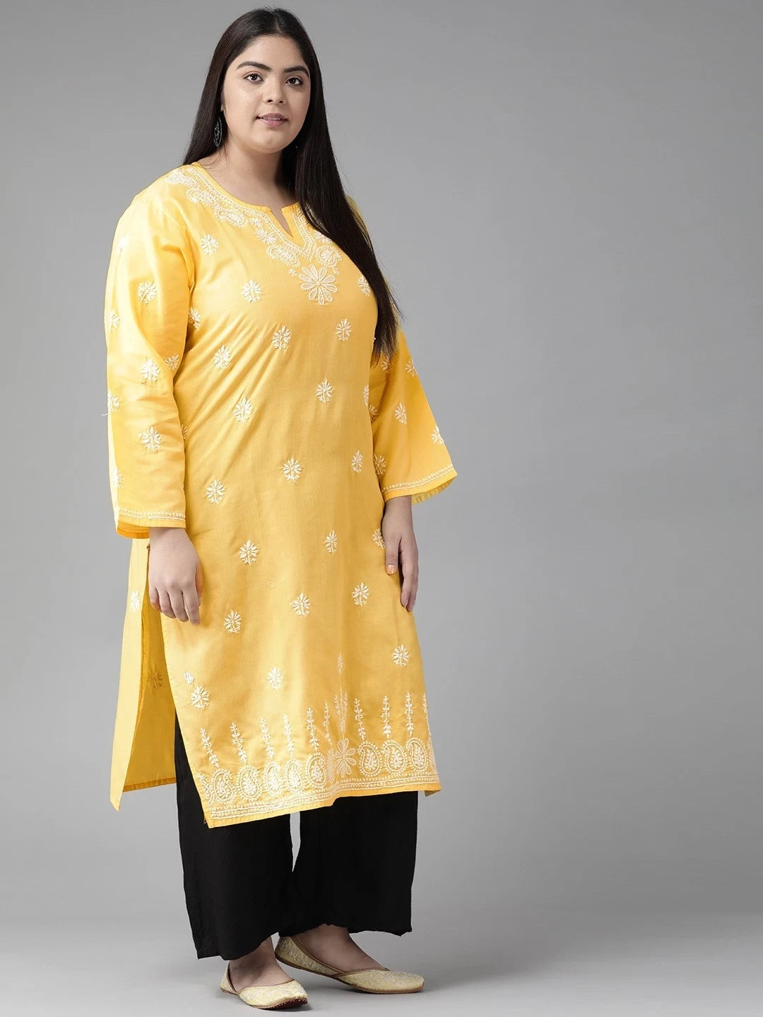 Ada Hand Embroidered Yellow Cotton Lucknowi Chikankari Straight Kurta A100359