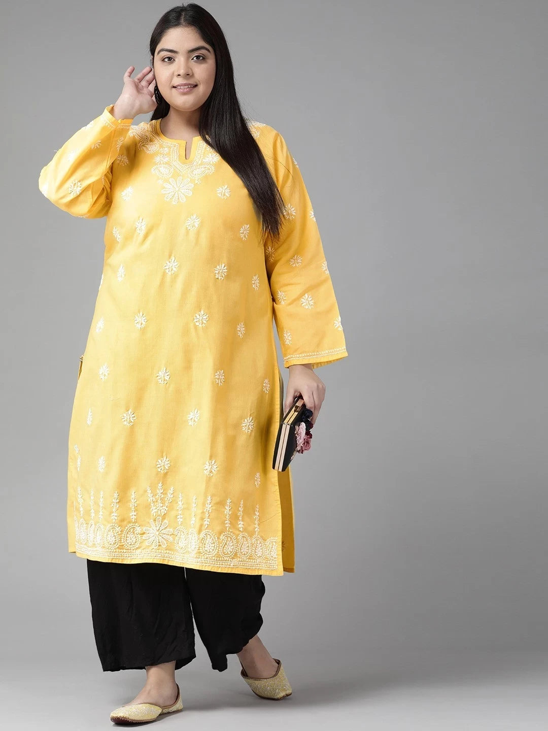 Ada Hand Embroidered Yellow Cotton Lucknowi Chikankari Straight Kurta A100359