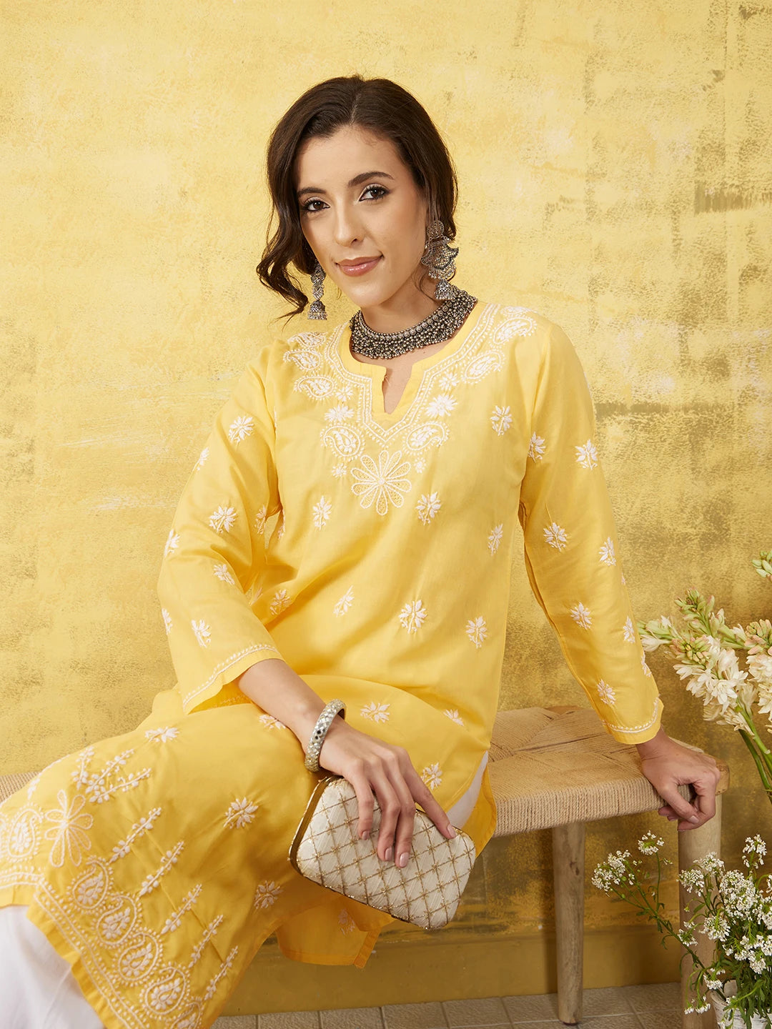 Ada Hand Embroidered Yellow Cotton Lucknowi Chikankari Straight Kurta A100359