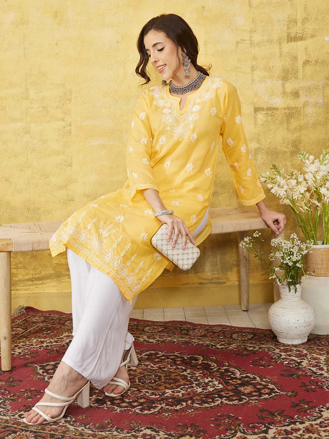 Ada Hand Embroidered Yellow Cotton Lucknowi Chikankari Straight Kurta A100359