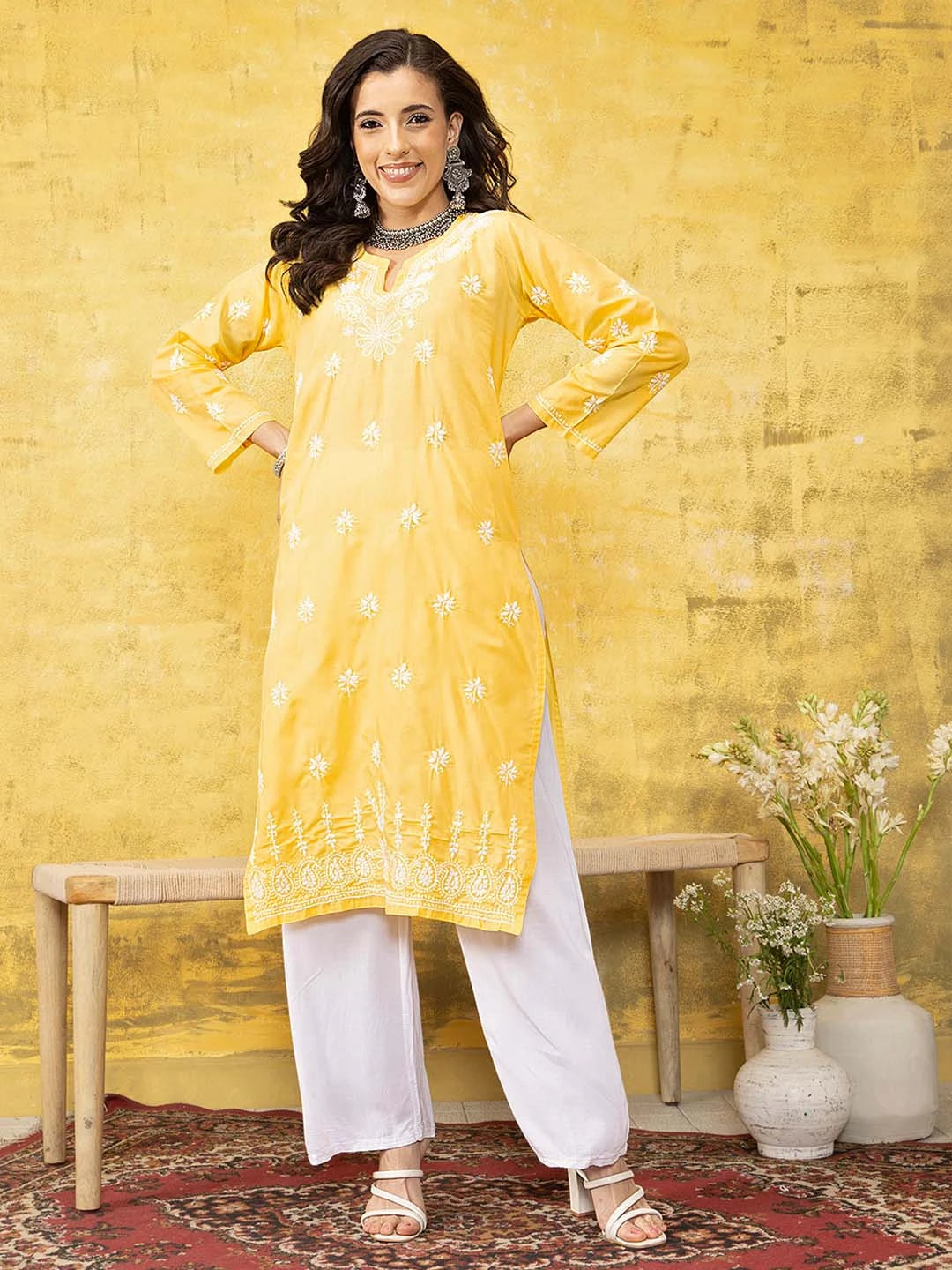 Ada Hand Embroidered Yellow Cotton Lucknowi Chikankari Straight Kurta A100359